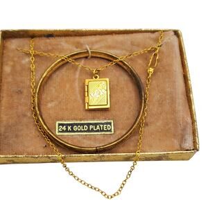 Vintage 24K Gold Plated Child's Jewelry Bracelet Locket Necklace Hinged Bangle
